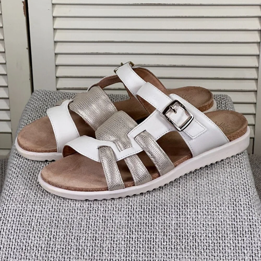 Brioso Jordyn White & Gold Leather Comfort Sandals – Womens Size 9.5 (MSRP $110)